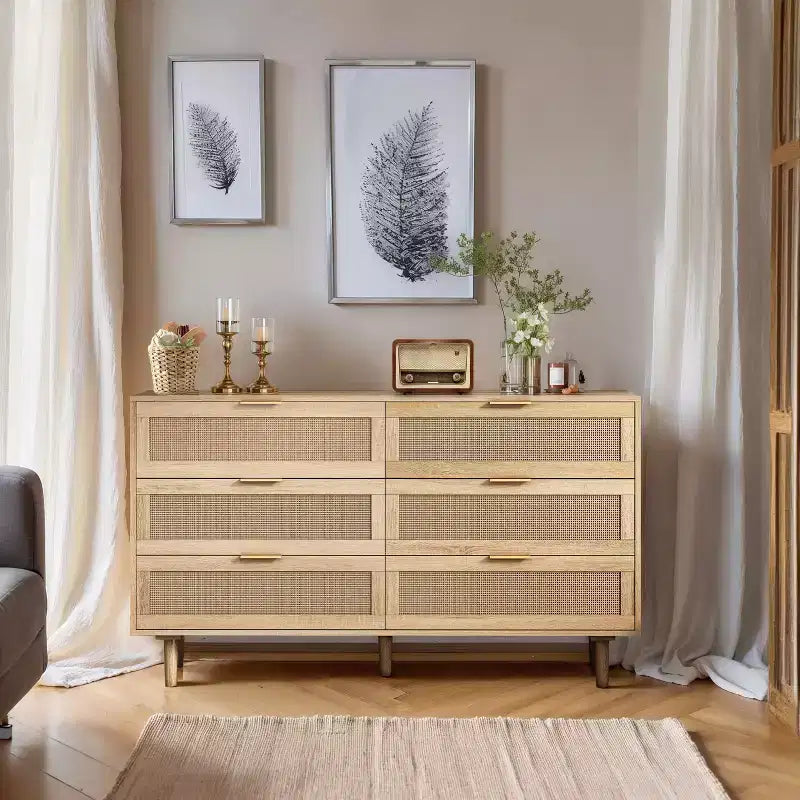 Okak 6-Drawer Rattan Storage Cabinet 51.18 Modern Natural Design, 50lbs Top Load & 20lbs per Drawer, Ideal for Bedroom, Living Room