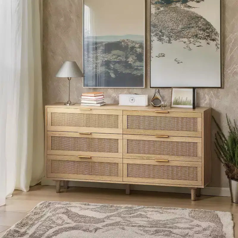 Okak 6-Drawer Rattan Storage Cabinet 51.18 Modern Natural Design, 50lbs Top Load & 20lbs per Drawer, Ideal for Bedroom, Living Room