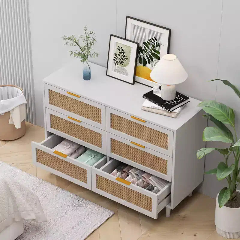 Okak 6-Drawer Rattan Storage Cabinet 51.18 Modern Natural Design, 50lbs Top Load & 20lbs per Drawer, Ideal for Bedroom, Living Room
