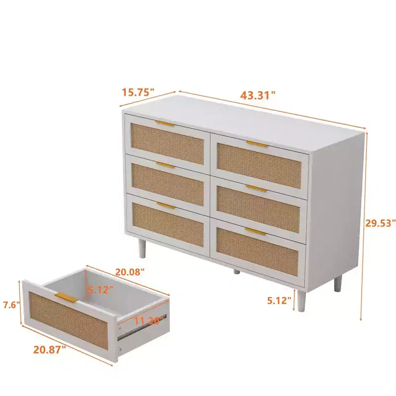 Okak 6-Drawer Rattan Storage Cabinet 51.18 Modern Natural Design, 50lbs Top Load & 20lbs per Drawer, Ideal for Bedroom, Living Room