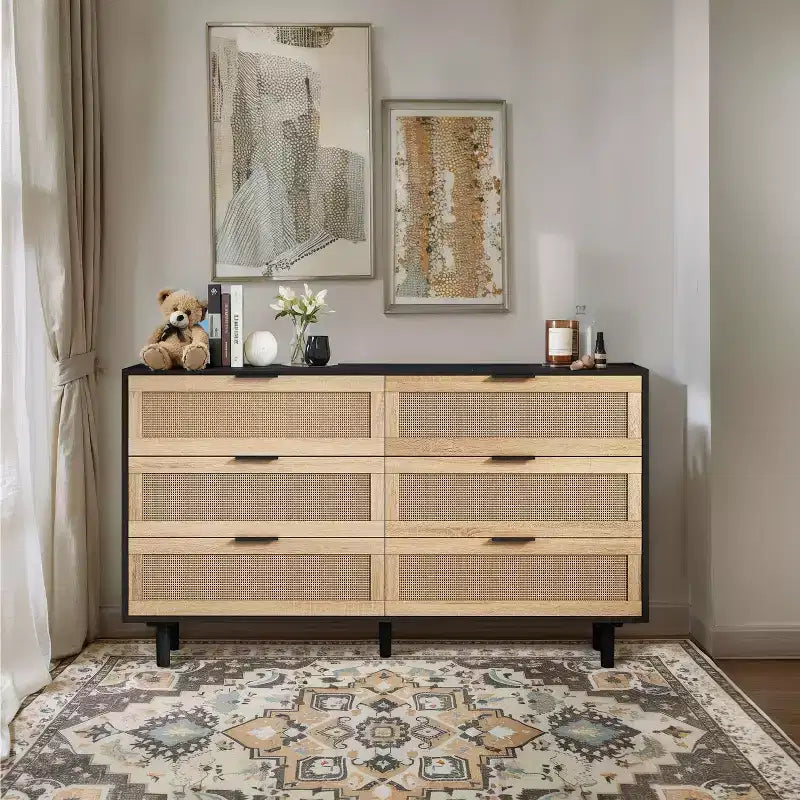 Okak 6-Drawer Rattan Storage Cabinet 51.18 Modern Natural Design, 50lbs Top Load & 20lbs per Drawer, Ideal for Bedroom, Living Room