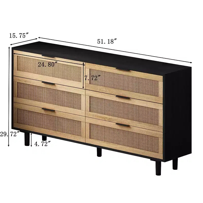 Okak 6-Drawer Rattan Storage Cabinet 51.18 Modern Natural Design, 50lbs Top Load & 20lbs per Drawer, Ideal for Bedroom, Living Room