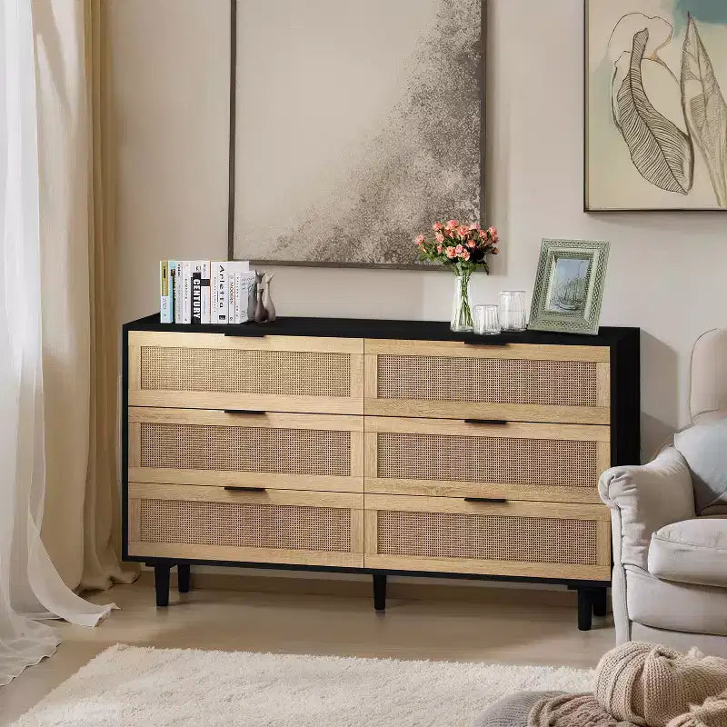 Okak 6-Drawer Rattan Storage Cabinet 51.18 Modern Natural Design, 50lbs Top Load & 20lbs per Drawer, Ideal for Bedroom, Living Room