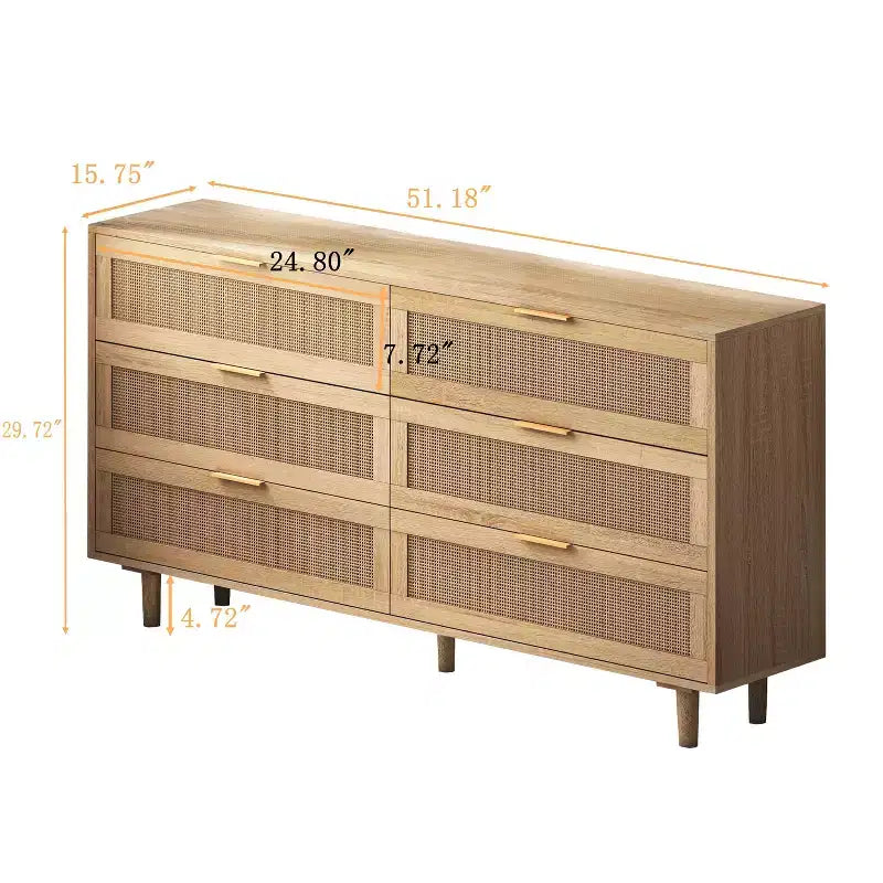 Okak 6-Drawer Rattan Storage Cabinet 51.18 Modern Natural Design, 50lbs Top Load & 20lbs per Drawer, Ideal for Bedroom, Living Room