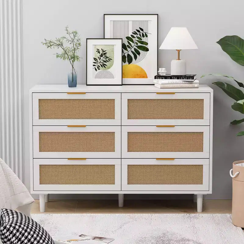 Okak 6-Drawer Rattan Storage Cabinet 51.18 Modern Natural Design, 50lbs Top Load & 20lbs per Drawer, Ideal for Bedroom, Living Room