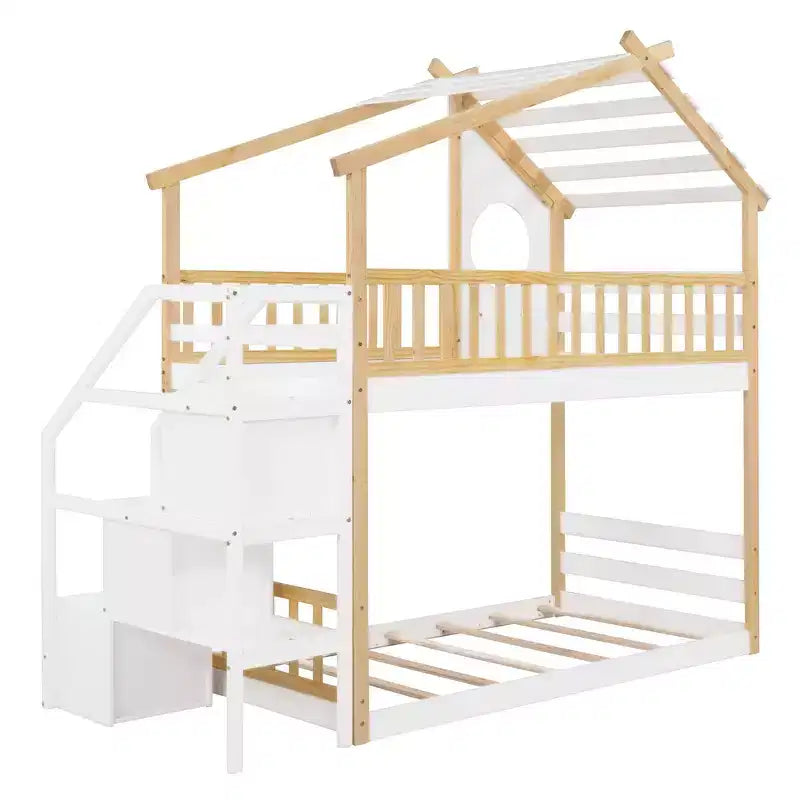 Stairway Twin-Over-Twin Bunk Bed,House Bed,Storage and Guard Rail,Natural Bed +White Stair