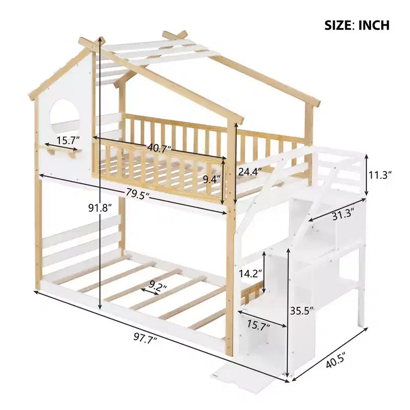 Stairway Twin-Over-Twin Bunk Bed,House Bed,Storage and Guard Rail,Natural Bed +White Stair