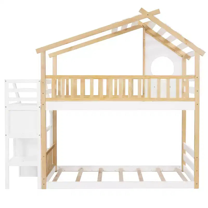 Stairway Twin-Over-Twin Bunk Bed,House Bed,Storage and Guard Rail,Natural Bed +White Stair
