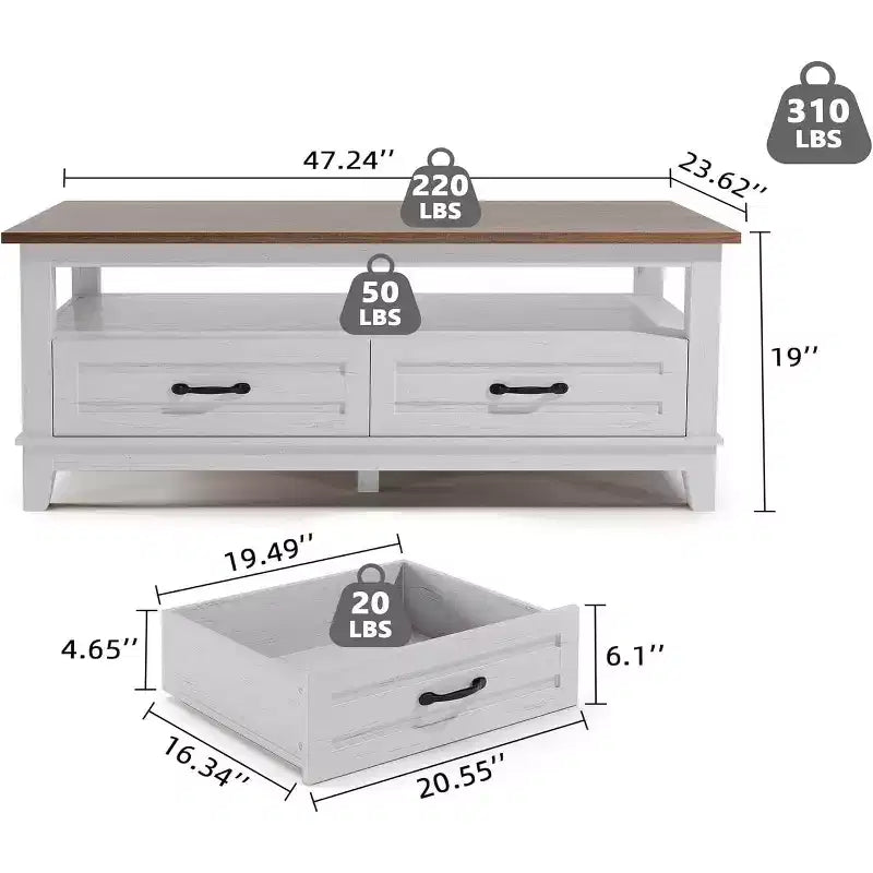 47.2 Farmhouse Coffee Table with Drawers and Open Shelf, Rustic Walnut Wood Grain Finish, Sturdy 6-Leg Center Table for Living Room