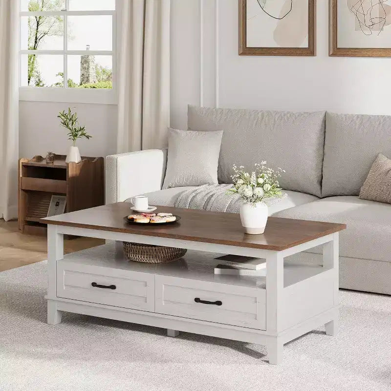 47.2 Farmhouse Coffee Table with Drawers and Open Shelf, Rustic Walnut Wood Grain Finish, Sturdy 6-Leg Center Table for Living Room