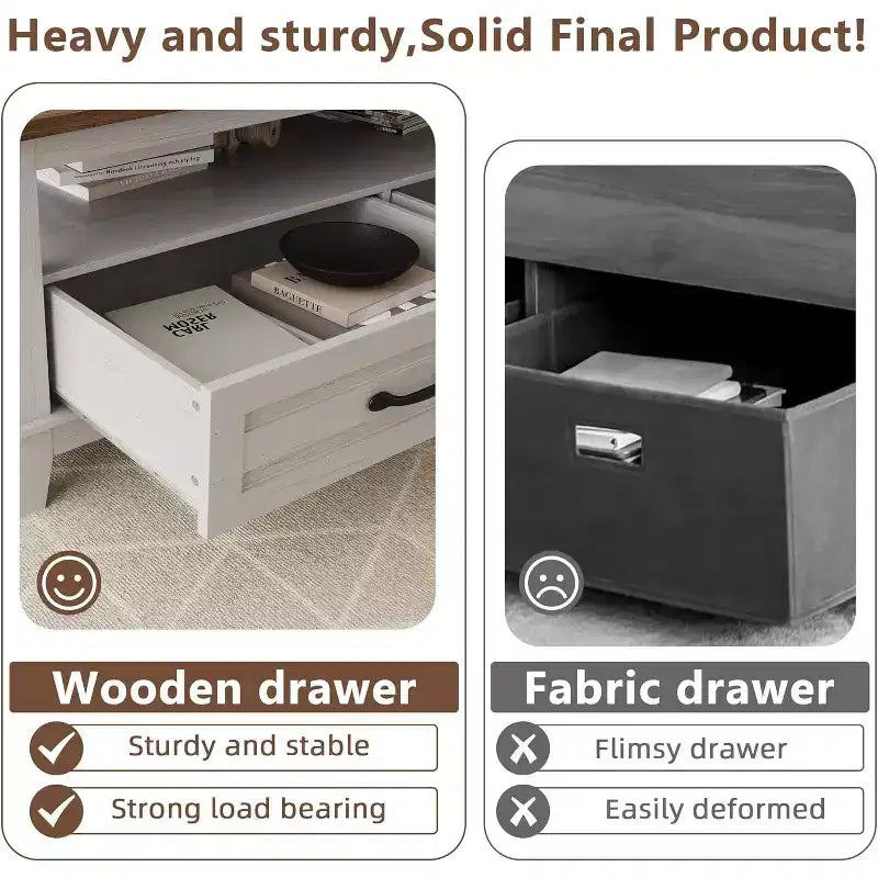 47.2 Farmhouse Coffee Table with Drawers and Open Shelf, Rustic Walnut Wood Grain Finish, Sturdy 6-Leg Center Table for Living Room