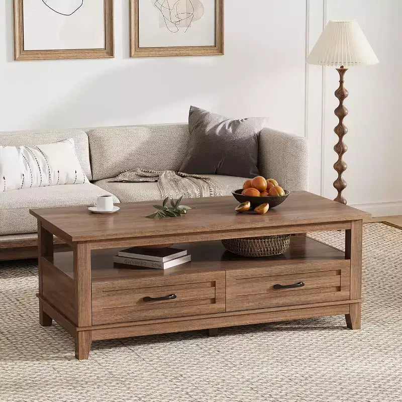 47.2 Farmhouse Coffee Table with Drawers and Open Shelf, Rustic Walnut Wood Grain Finish, Sturdy 6-Leg Center Table for Living Room