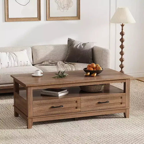 47.2 Farmhouse Coffee Table with Drawers and Open Shelf, Rustic Walnut Wood Grain Finish, Sturdy 6-Leg Center Table for Living Room