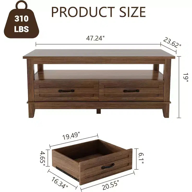 47.2 Farmhouse Coffee Table with Drawers and Open Shelf, Rustic Walnut Wood Grain Finish, Sturdy 6-Leg Center Table for Living Room