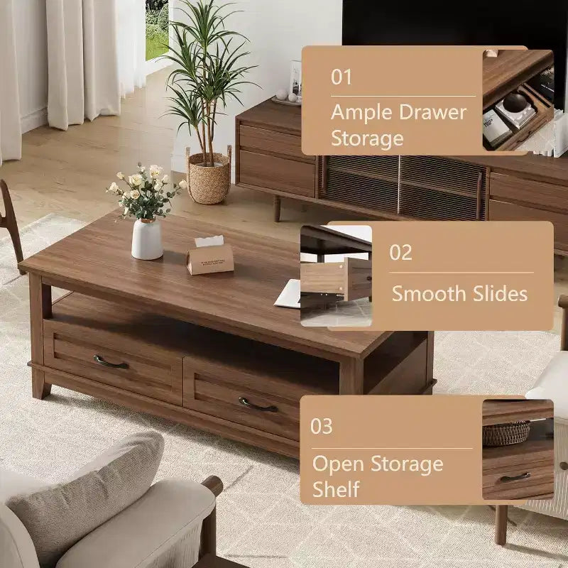 47.2 Farmhouse Coffee Table with Drawers and Open Shelf, Rustic Walnut Wood Grain Finish, Sturdy 6-Leg Center Table for Living Room