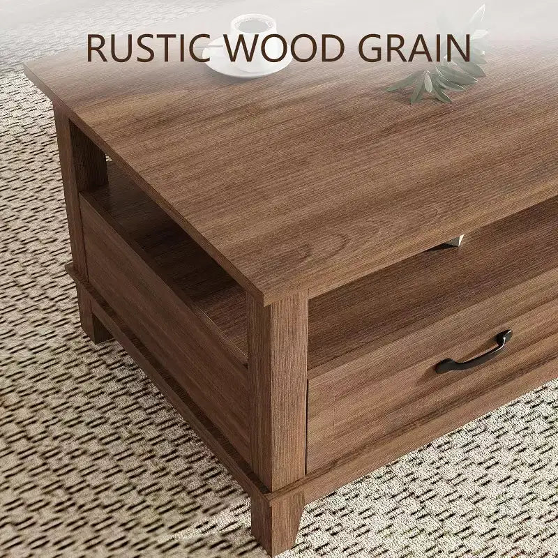 47.2 Farmhouse Coffee Table with Drawers and Open Shelf, Rustic Walnut Wood Grain Finish, Sturdy 6-Leg Center Table for Living Room