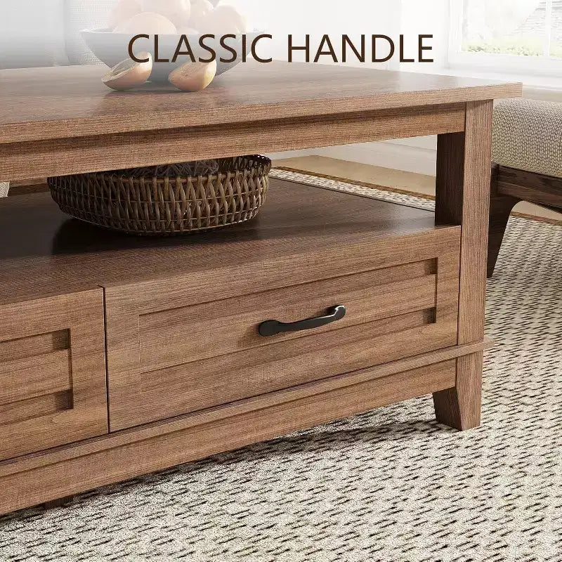 47.2 Farmhouse Coffee Table with Drawers and Open Shelf, Rustic Walnut Wood Grain Finish, Sturdy 6-Leg Center Table for Living Room