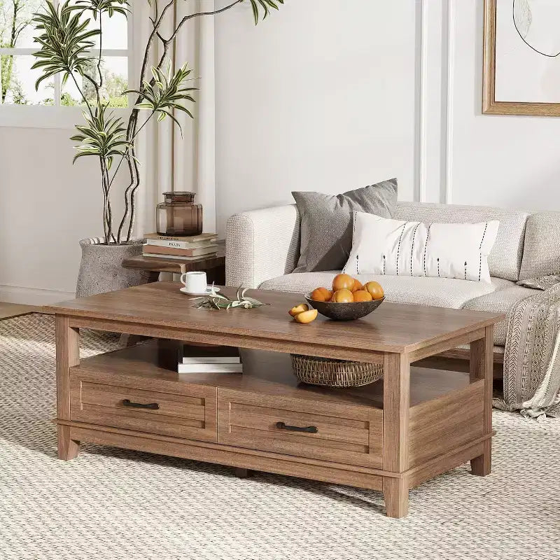 47.2 Farmhouse Coffee Table with Drawers and Open Shelf, Rustic Walnut Wood Grain Finish, Sturdy 6-Leg Center Table for Living Room
