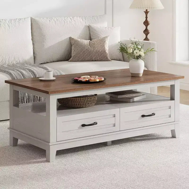 47.2 Farmhouse Coffee Table with Drawers and Open Shelf, Rustic Walnut Wood Grain Finish, Sturdy 6-Leg Center Table for Living Room