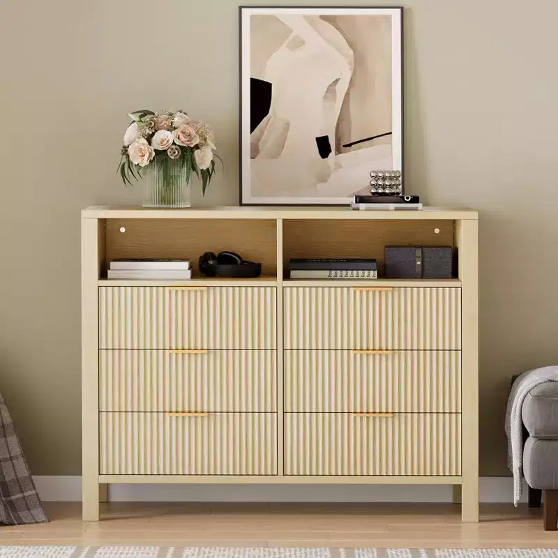6 Drawer Dresser for Bedroom, Farmhouse Chest of Drawers with 2 Open Shelves and Fluted Doors for Living Room, Entryway