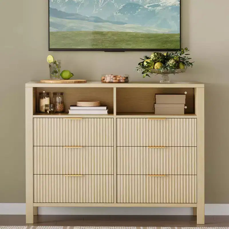 6 Drawer Dresser for Bedroom, Farmhouse Chest of Drawers with 2 Open Shelves and Fluted Doors for Living Room, Entryway