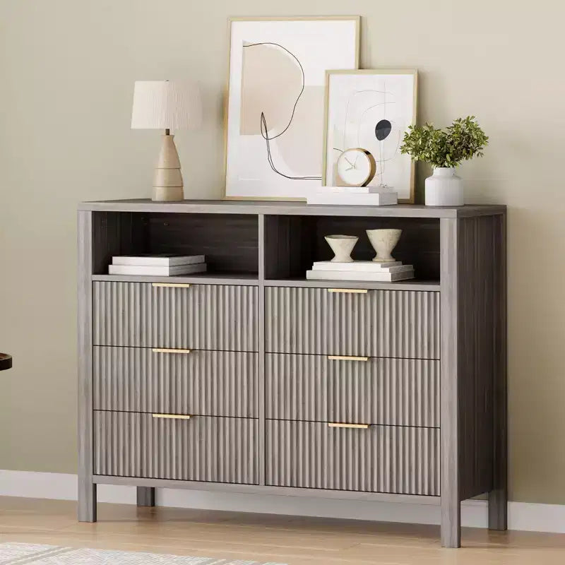 6 Drawer Dresser for Bedroom, Farmhouse Chest of Drawers with 2 Open Shelves and Fluted Doors for Living Room, Entryway