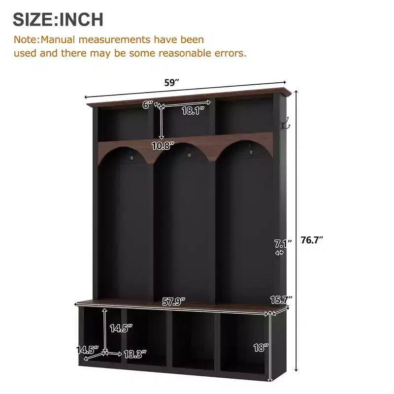 Whisen Farmhouse Wooden Hall Tree with 6 Hooks, Walnut Storage Bench with Adjustable Shelves, Shoe Cabinet with 13 Cubbies