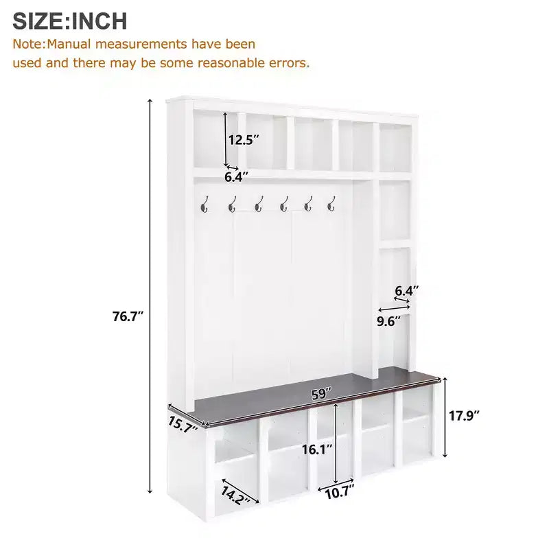 Whisen Farmhouse Wooden Hall Tree with 6 Hooks, Walnut Storage Bench with Adjustable Shelves, Shoe Cabinet with 13 Cubbies