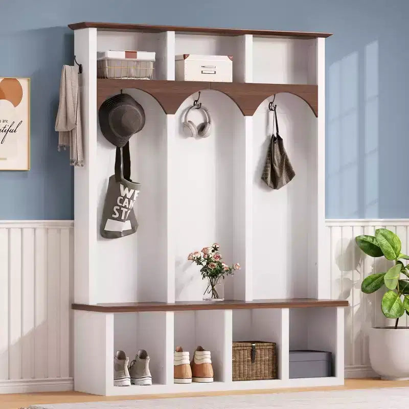 Whisen Farmhouse Wooden Hall Tree with 6 Hooks, Walnut Storage Bench with Adjustable Shelves, Shoe Cabinet with 13 Cubbies