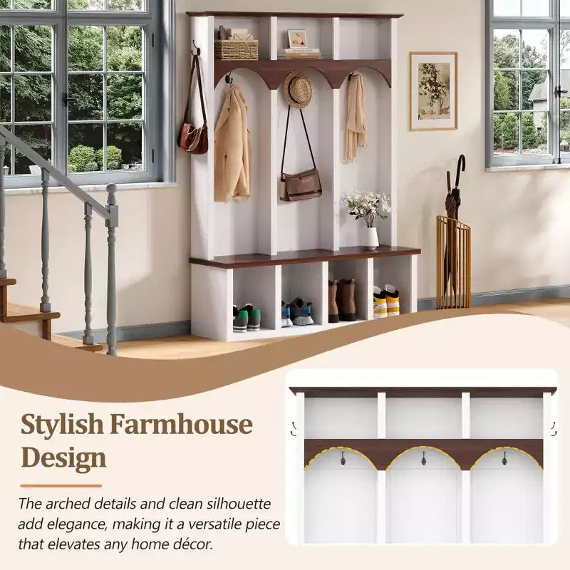 Whisen Farmhouse Wooden Hall Tree with 6 Hooks, Walnut Storage Bench with Adjustable Shelves, Shoe Cabinet with 13 Cubbies
