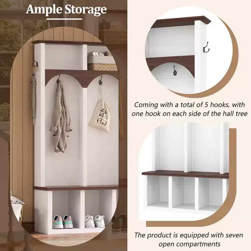 Whisen Farmhouse Wooden Hall Tree with 6 Hooks, Walnut Storage Bench with Adjustable Shelves, Shoe Cabinet with 13 Cubbies