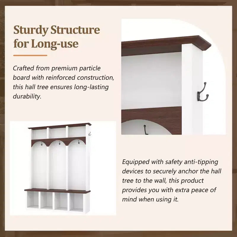 Whisen Farmhouse Wooden Hall Tree with 6 Hooks, Walnut Storage Bench with Adjustable Shelves, Shoe Cabinet with 13 Cubbies