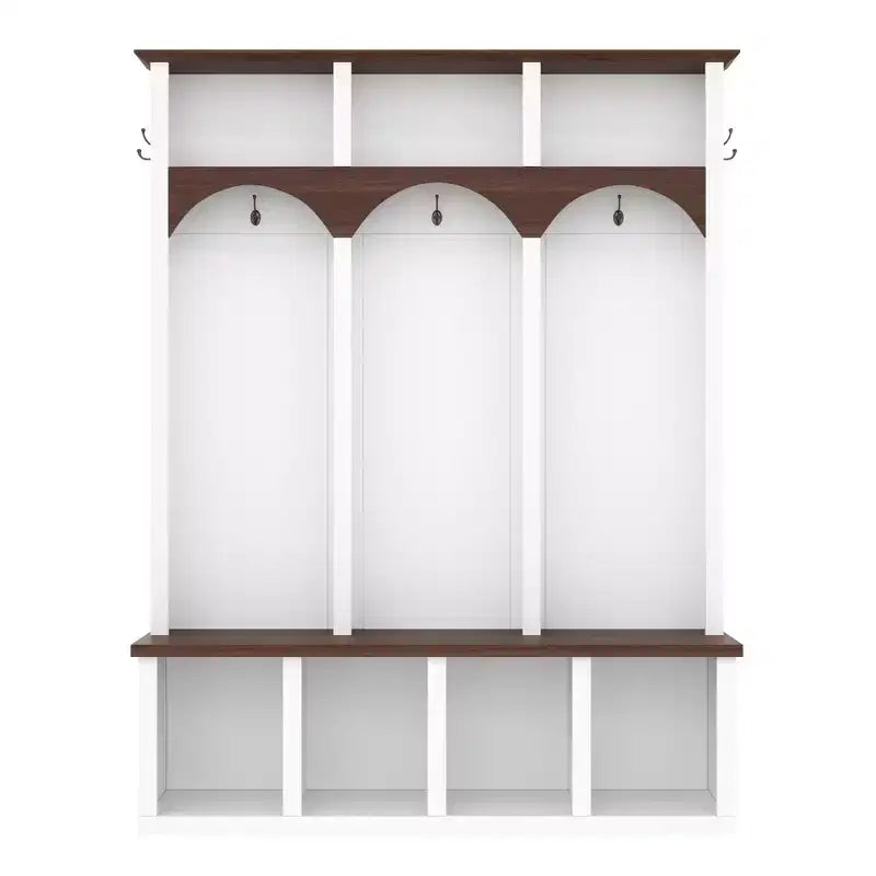 Whisen Farmhouse Wooden Hall Tree with 6 Hooks, Walnut Storage Bench with Adjustable Shelves, Shoe Cabinet with 13 Cubbies