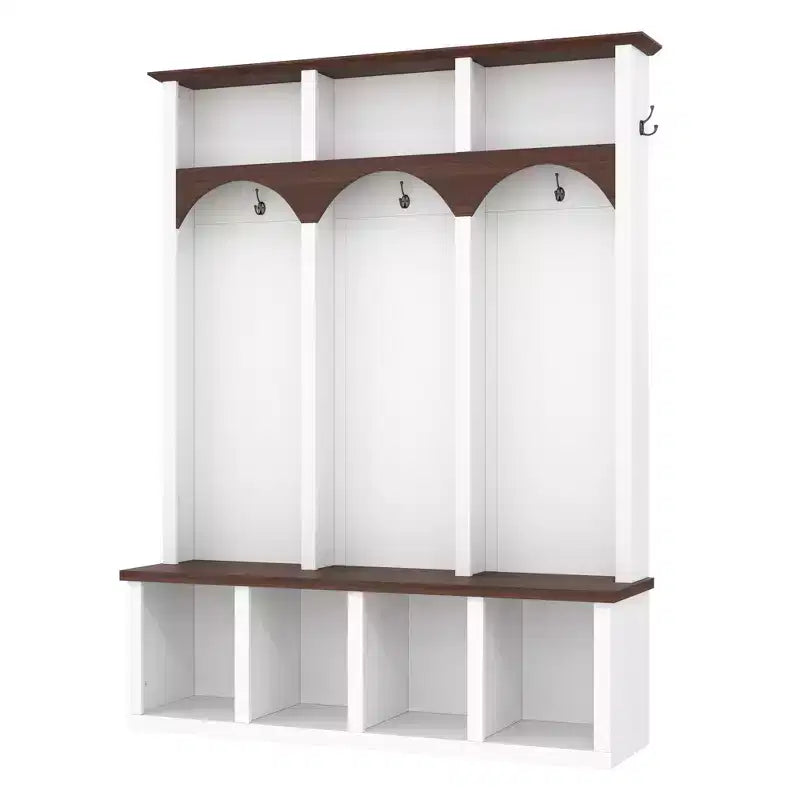 Whisen Farmhouse Wooden Hall Tree with 6 Hooks, Walnut Storage Bench with Adjustable Shelves, Shoe Cabinet with 13 Cubbies