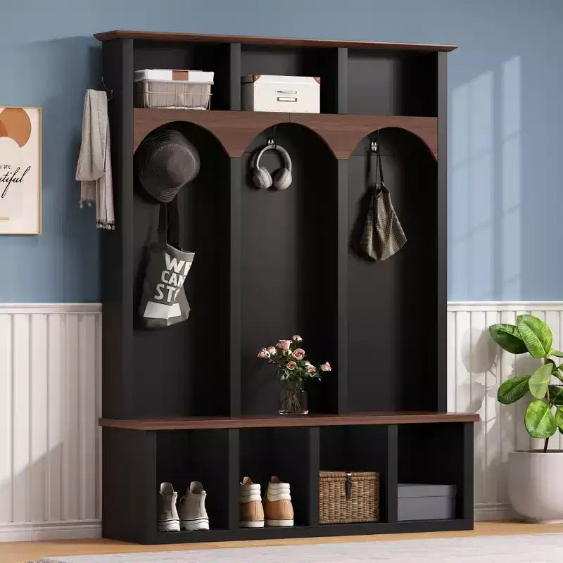 Whisen Farmhouse Wooden Hall Tree with 6 Hooks, Walnut Storage Bench with Adjustable Shelves, Shoe Cabinet with 13 Cubbies