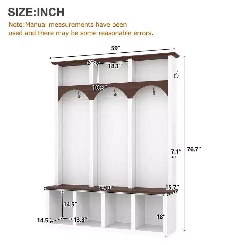 Whisen Farmhouse Wooden Hall Tree with 6 Hooks, Walnut Storage Bench with Adjustable Shelves, Shoe Cabinet with 13 Cubbies