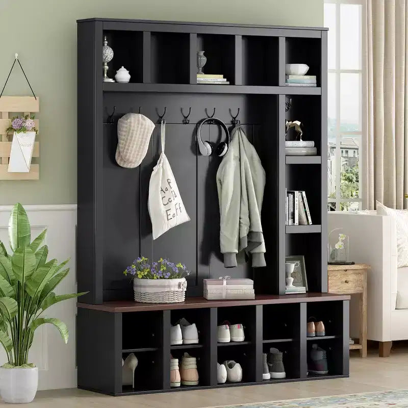 Whisen Farmhouse Wooden Hall Tree with 6 Hooks, Walnut Storage Bench with Adjustable Shelves, Shoe Cabinet with 13 Cubbies