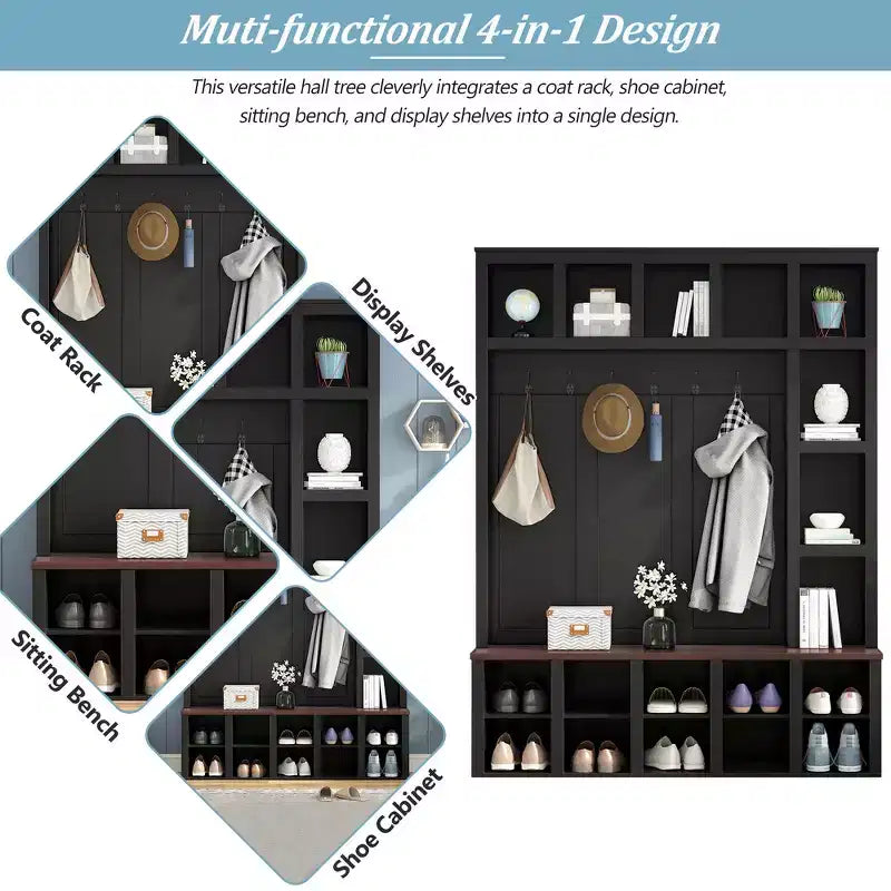 Whisen Farmhouse Wooden Hall Tree with 6 Hooks, Walnut Storage Bench with Adjustable Shelves, Shoe Cabinet with 13 Cubbies