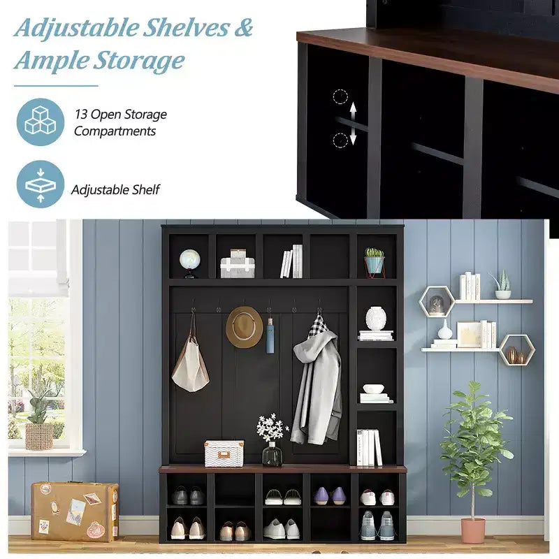 Whisen Farmhouse Wooden Hall Tree with 6 Hooks, Walnut Storage Bench with Adjustable Shelves, Shoe Cabinet with 13 Cubbies