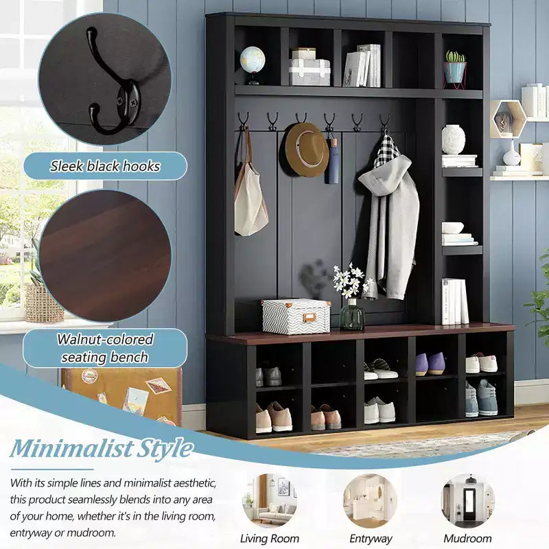 Whisen Farmhouse Wooden Hall Tree with 6 Hooks, Walnut Storage Bench with Adjustable Shelves, Shoe Cabinet with 13 Cubbies