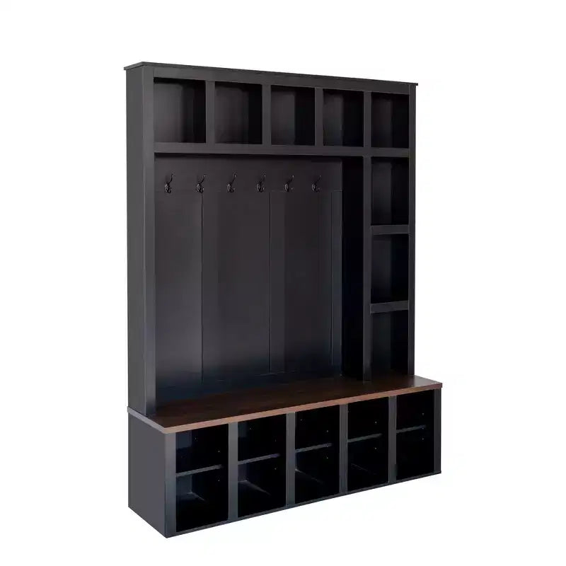 Whisen Farmhouse Wooden Hall Tree with 6 Hooks, Walnut Storage Bench with Adjustable Shelves, Shoe Cabinet with 13 Cubbies