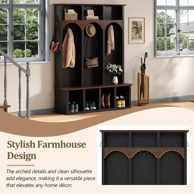 Whisen Farmhouse Wooden Hall Tree with 6 Hooks, Walnut Storage Bench with Adjustable Shelves, Shoe Cabinet with 13 Cubbies