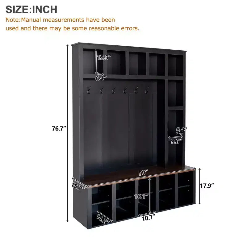 Whisen Farmhouse Wooden Hall Tree with 6 Hooks, Walnut Storage Bench with Adjustable Shelves, Shoe Cabinet with 13 Cubbies