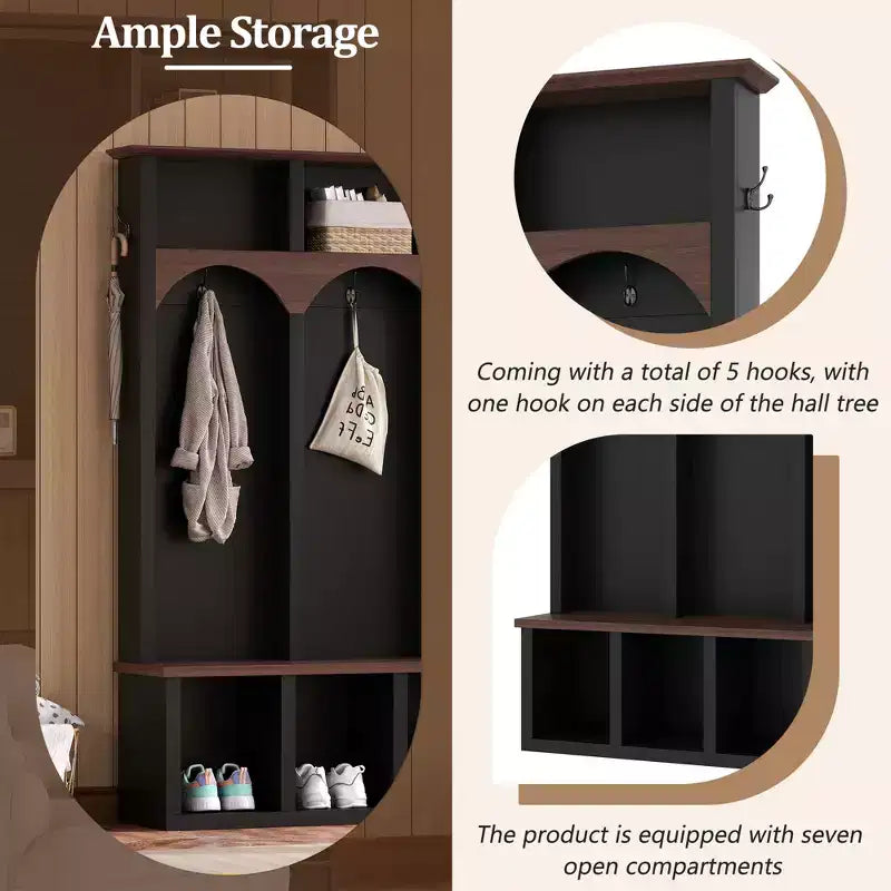 Whisen Farmhouse Wooden Hall Tree with 6 Hooks, Walnut Storage Bench with Adjustable Shelves, Shoe Cabinet with 13 Cubbies