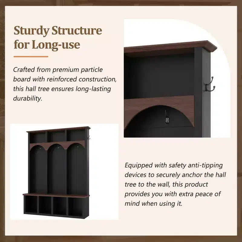 Whisen Farmhouse Wooden Hall Tree with 6 Hooks, Walnut Storage Bench with Adjustable Shelves, Shoe Cabinet with 13 Cubbies