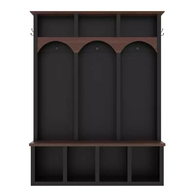 Whisen Farmhouse Wooden Hall Tree with 6 Hooks, Walnut Storage Bench with Adjustable Shelves, Shoe Cabinet with 13 Cubbies