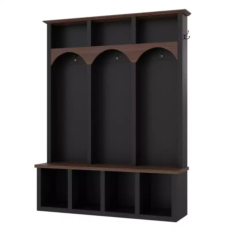 Whisen Farmhouse Wooden Hall Tree with 6 Hooks, Walnut Storage Bench with Adjustable Shelves, Shoe Cabinet with 13 Cubbies