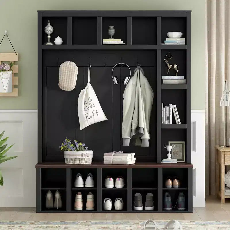 Whisen Farmhouse Wooden Hall Tree with 6 Hooks, Walnut Storage Bench with Adjustable Shelves, Shoe Cabinet with 13 Cubbies