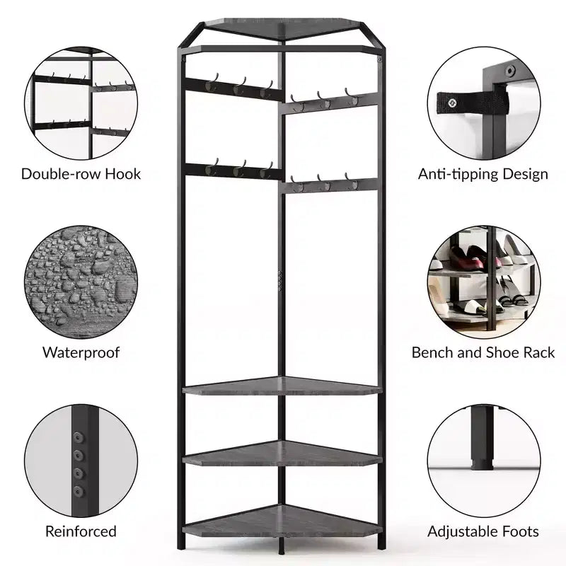 Corner Coat Rack With Shoe Bench for Entryway - Hall Tree With 6 Double Hooks, Clothes Rack With Storage, Organizer Shelf for Hallway, Closet