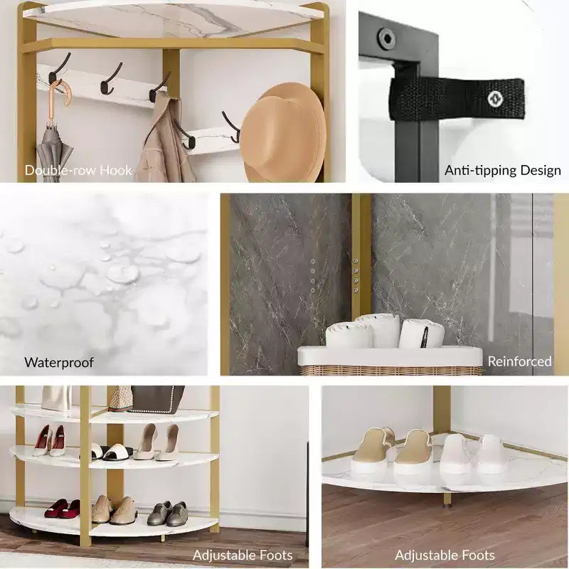 Corner Coat Rack With Shoe Bench for Entryway - Hall Tree With 6 Double Hooks, Clothes Rack With Storage, Organizer Shelf for Hallway, Closet
